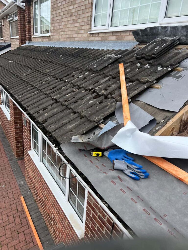 This is a photo of a pitched roof which is being repaired. The existing roof was leaking badly. Works carried out by Long Eaton Roofing Repairs